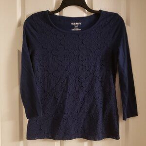 Old Navy Women's Navy Blue Lace Lined Top 3/4 Sleeve Round Neck T-Shirt Medium
